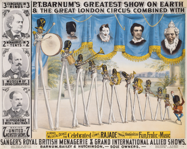 Plakat für den Großen Londoner Zirkus mit Illustrationen von Musikern und einem Hintergrund aus Bäumen und Himmel, einschließlich Text.