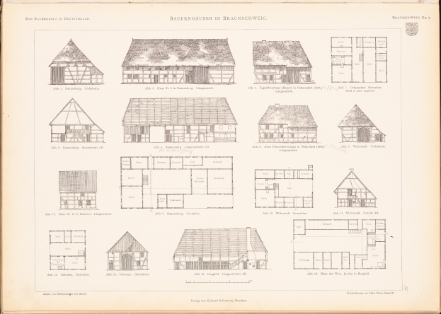 Ein aufgeschlagenes Buch mit detaillierten Plänen und Zeichnungen verschiedener einzigartig gestalteter Häuser sowie begleitendem Text.