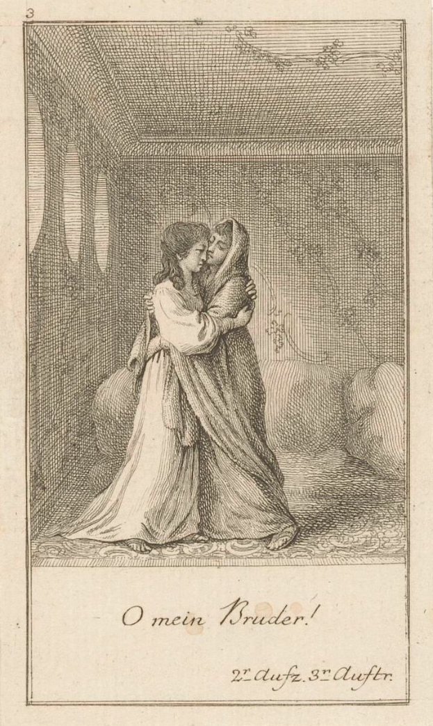 Eine Gravur eines Mannes und einer Frau, die sich in einem Raum umarmen, mit der Inschrift "O mein Bruder" unten, ihre Gesichter nah beieinander und die Arme umeinander geschlungen, mit einer warmen, einladenden Atmosphäre und weichem Licht von einem Fenster.