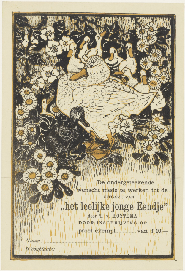 Ein Plakat mit einer Zeichnung eines Entens und eines Entenkükens umgeben von Blumen und etwas Text.