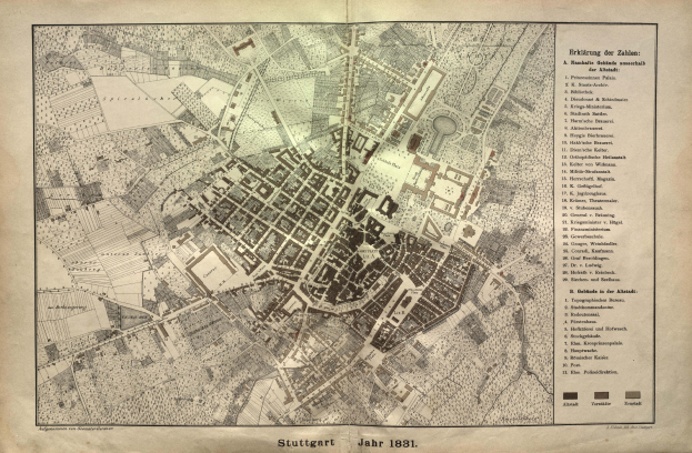 Detailierte 1881-Karte von Stuttgart, Deutschland mit Textannotationen, die das Stadtlayout zeigen.