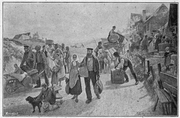 Eine Gruppe von Menschen, einige mit Taschen und einer auf einem Pferdewagen, gehen einen Schotterweg entlang mit einem Hund, Häusern im Hintergrund und Text unten lesend "Deutsche Flüchtlinge in Deutschland".