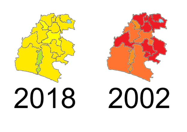 Eine Deutschlandkarte mit in Gelb, Rot und Orange hervorgehobenen Bundesländern, die Veränderungen zwischen 2002 und 2018 zeigt, auf einem weißen Hintergrund mit Text.