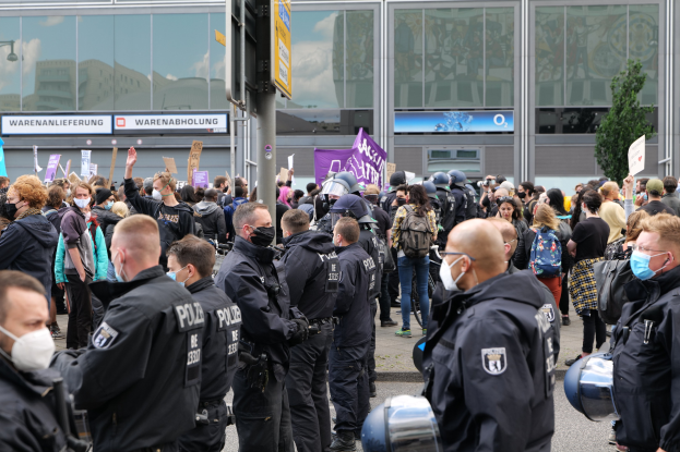 Große Menschenmenge protestiert vor einem Gebäude, einige halten Schilder und tragen Helme, mit einem Mast und einem Schild im Vordergrund und einem Baum im Hintergrund.