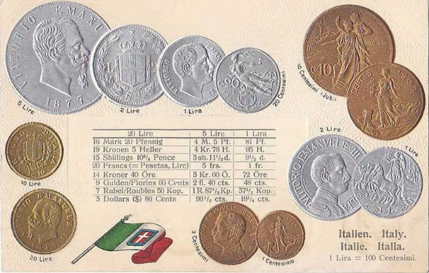 Eine Sammlung italienischer Münzen von 1877-1910, darunter 20-Lire-Münzen, auf Papier in einer Reihe angeordnet.