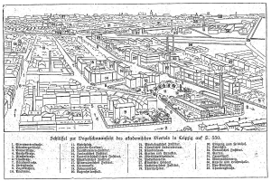 Schwarzes und weißes architektonisches Zeichnung von Berlin mit dichtem Gebäuden, Bäumen und Strommasten, betitelt "Künstler's plan of Berlin" unten.