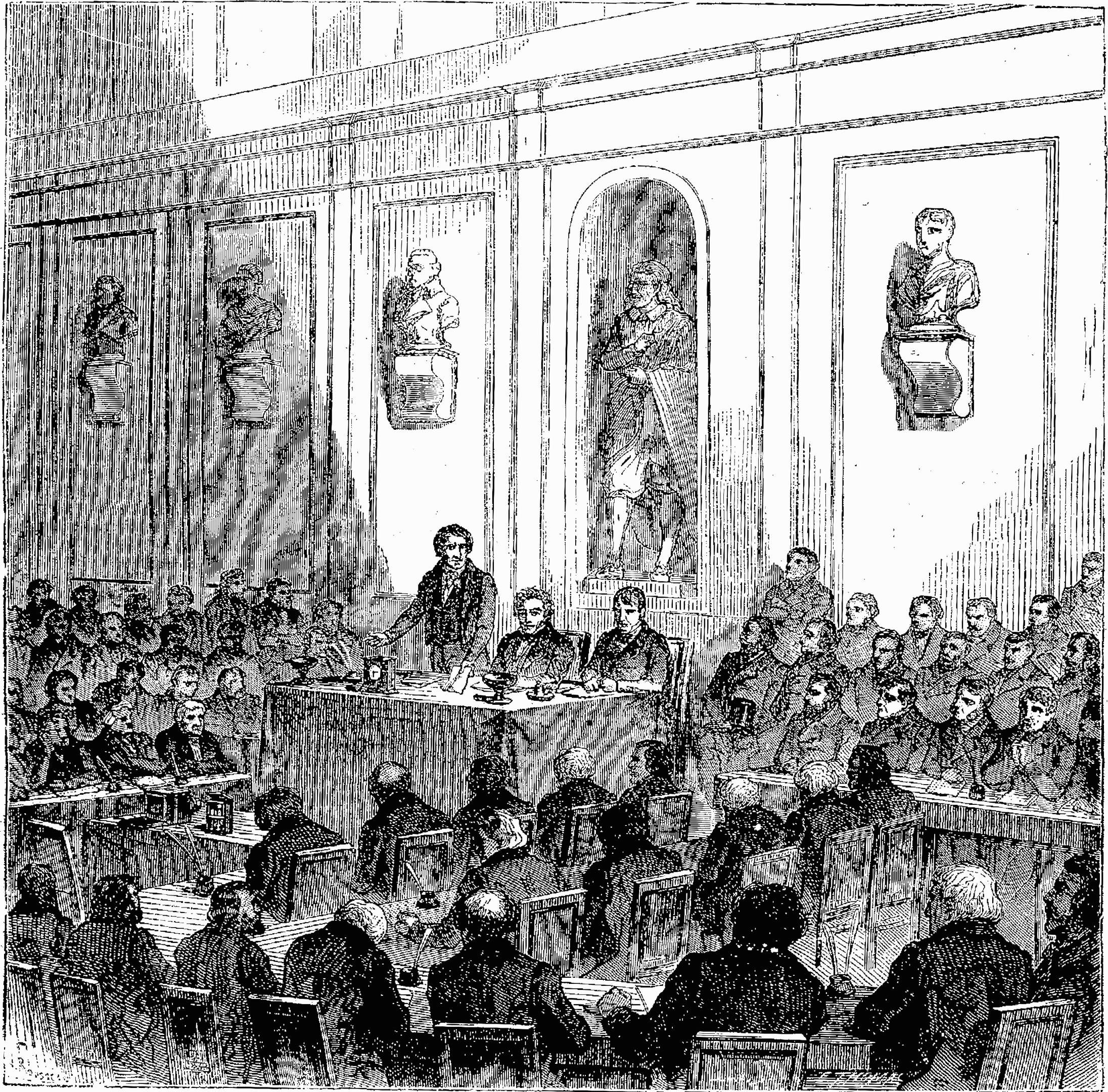 Schwarze und weiße Zeichnung eines Gerichtssaals mit sitzenden Personen und stehenden Figuren im Hintergrund, beschriftet mit "Gericht" unten.