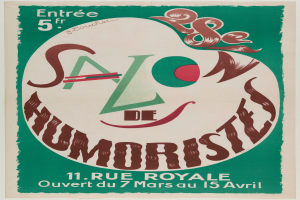 Ein Plakat, das ein Humor-Salon in Paris, Frankreich, ankündigt, mit Text, der die Angebote des Salons beschreibt.