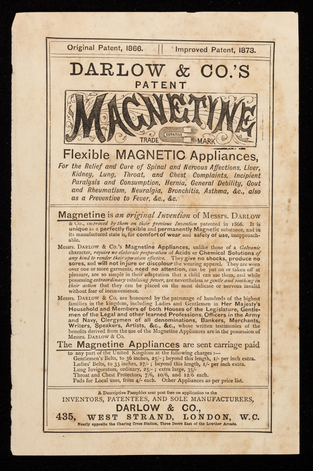 Ein Blatt mit dem Text "Darlow & Co's Magnetine - Flexible Magnetische Geräte" auf einem schwarzen Hintergrund.