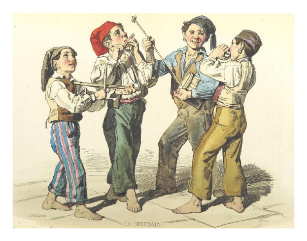 Painting of children playing musical instruments with a human face in the center and text at the bottom.