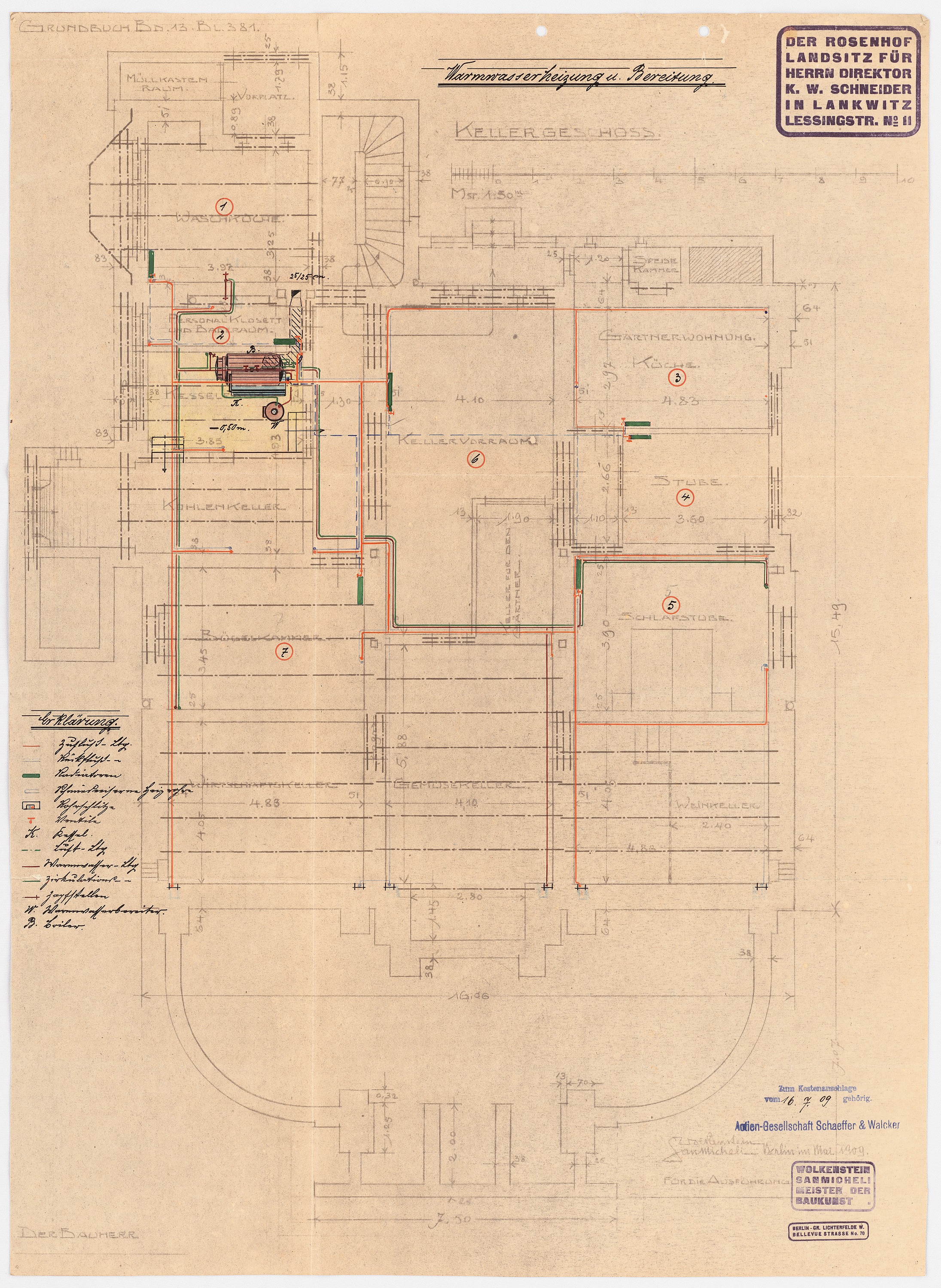 Ein detaillierter Architekturplan des Rosenhof-Krankenhauses in Hamburg, Deutschland, mit zahlreichen Drähten und Texten, die das Layout darlegen, einschließlich Räumen, Fluren und anderen Merkmalen.