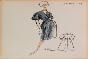 Eine Zeichnung einer Frau in einem Kleid im Stil der 1960er Jahre mit einem Kragen, langen Ärmeln und einem Plisseerock, die mit ausgestreckten Armen und leicht geneigtem Kopf steht, mit der Aufschrift "1960er Jahre" auf dem Papier.