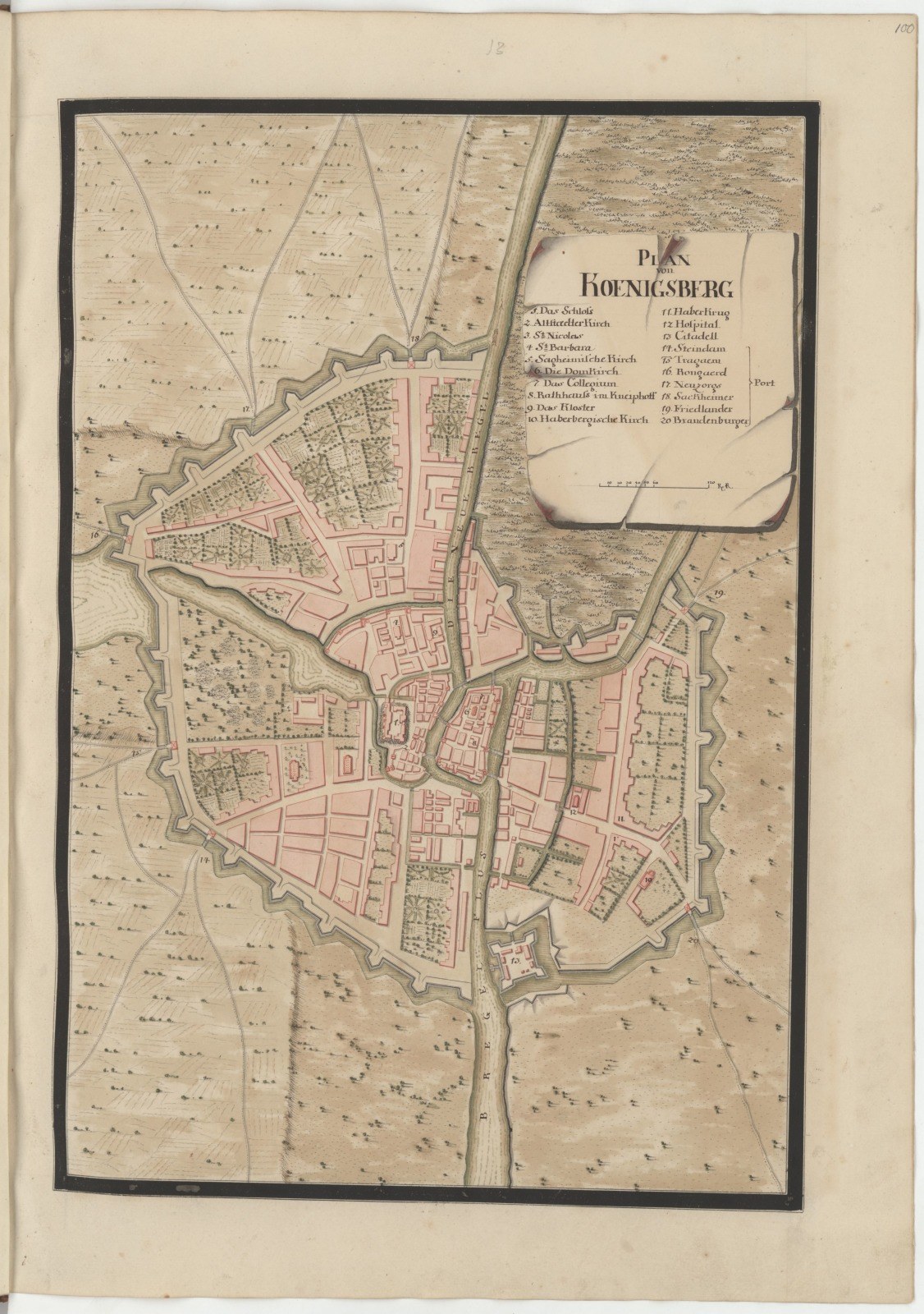 Ein detaillierter historischer Stadtplan von Hohensberg, Deutschland, aus einem alten Buch, der Straßen, Gebäude und Sehenswürdigkeiten mit begleitendem Text zur Stadt zeigt.