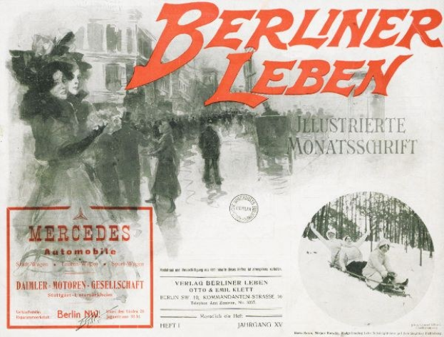 Anzeige für einen Mercedes-Benz Pkw in Berlin, Deutschland, mit Personen, Bäumen, Gebäuden, Text und einem Stempel.
