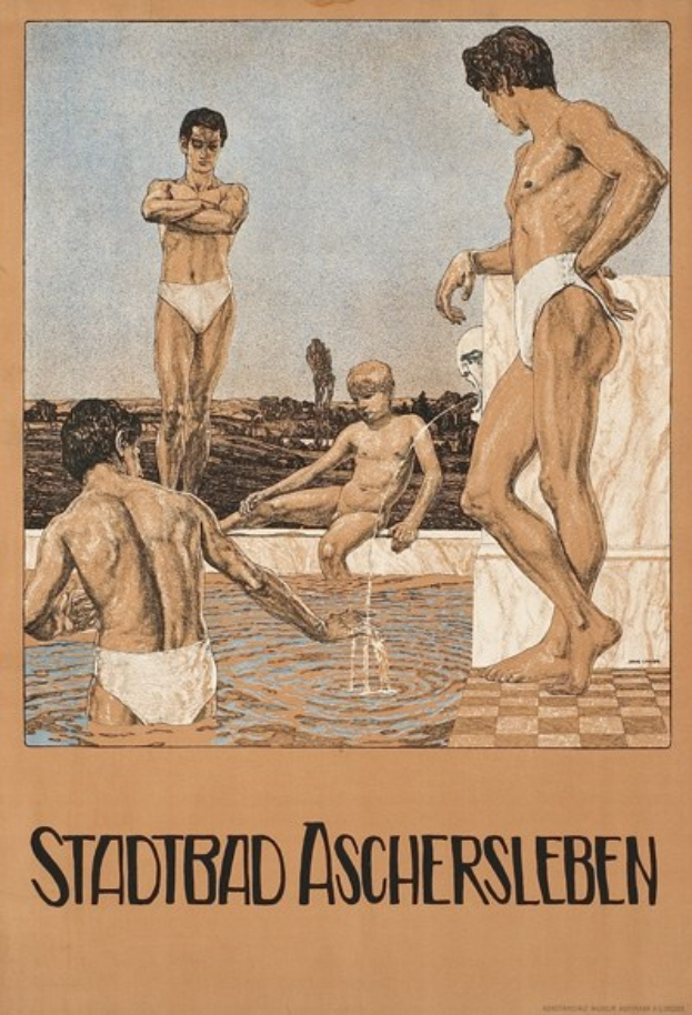 Plakat zur Werbung für ein Schwimmbad in Aschersleben, Deutschland, das Menschen im Wasser und Text über Annehmlichkeiten zeigt.