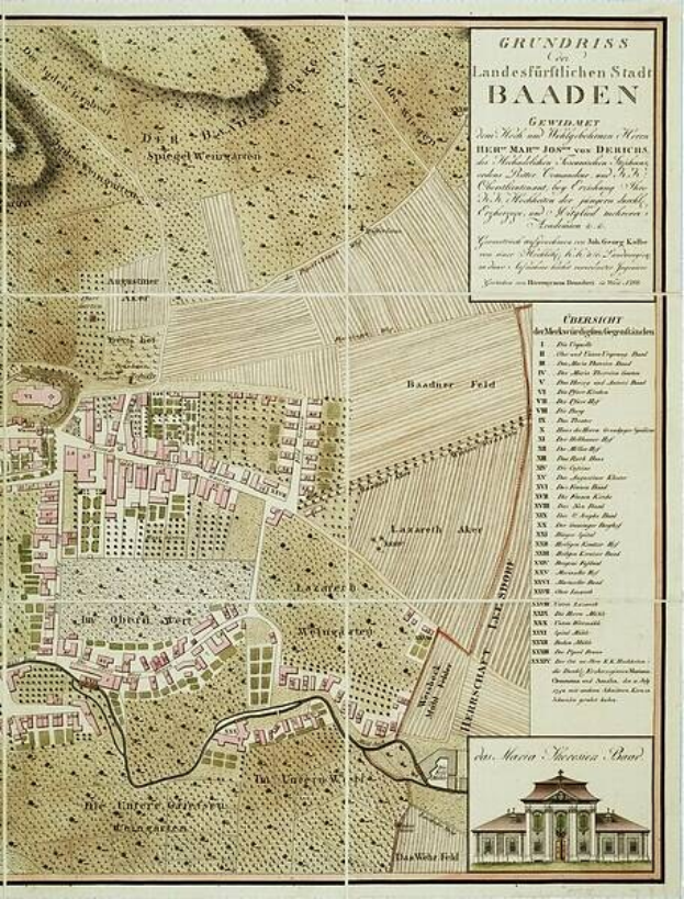 Ausführliches altes Stadtplan von Baden-Württemberg, Deutschland, mit einem Gebäude in der rechten unteren Ecke, das Straßen, Gebäude und Sehenswürdigkeiten mit begleitendem Text zeigt.