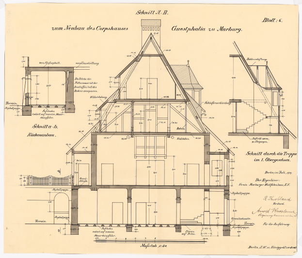 Ein detailliertes Bild des ersten Hauses in Deutschland, das ein Haus mit vielen Fenstern und einem Dach zeigt, begleitet von ausführlichen Plänen und Texten, die den Aufbau beschreiben.