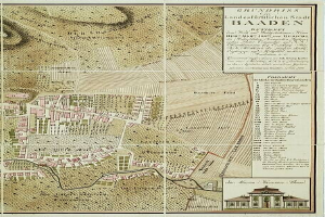 Ein detaillierter alter Stadtplan von Baden-Württemberg, Deutschland, der Straßen, Gebäude und Sehenswürdigkeiten zeigt, mit Text, der Stadtinformationen und ein Gebäude in der rechten unteren Ecke enthält.