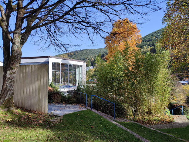 Außenansicht des Universitätsgebäudes Stuttgart mit einem Baum davor, umgeben von Gras, trockenen Blättern, Pflanzen und einem Geländer, vor einem Hügel und einem klaren blauen Himmel.