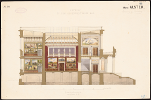 Ein detailliertes Bild einer Opernhausäußenansicht, verziert mit Fenstern, Türen, Säulen und farbenfrohen Malereien, die Innenansichten zeigen, mit begleitendem Text, der historische Informationen liefert.