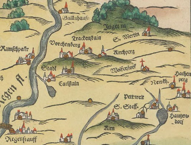 Ein dekorativer alter Stadtplan von Köln, Deutschland, mit üppigen grünen Bäumen, kleinen gemütlichen Häusern und verzierter Schrift.