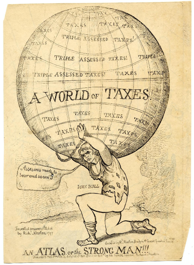 Eine Person in langärmligem Hemd und Hose hält eine Weltkugel mit der Aufschrift "Eine Welt der Steuern: Ein Atlas des Starken Mannes" mit entschlossener Miene.