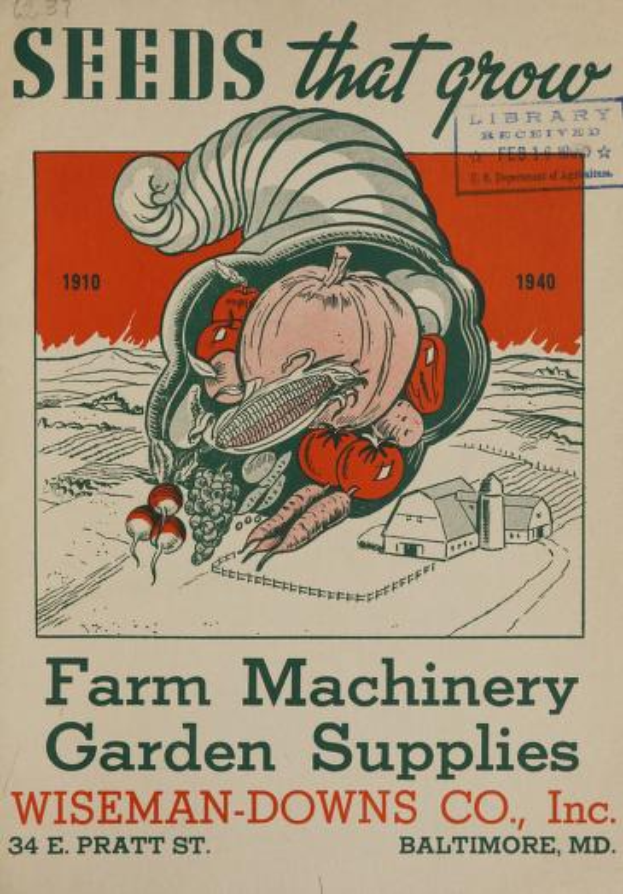 Ein Vintage-Plakat von Wiseman-Downs Co., Inc. mit verschiedenen Landmaschinen und Gartenzubehör, einschließlich Saatgut, mit beschreibendem Text.