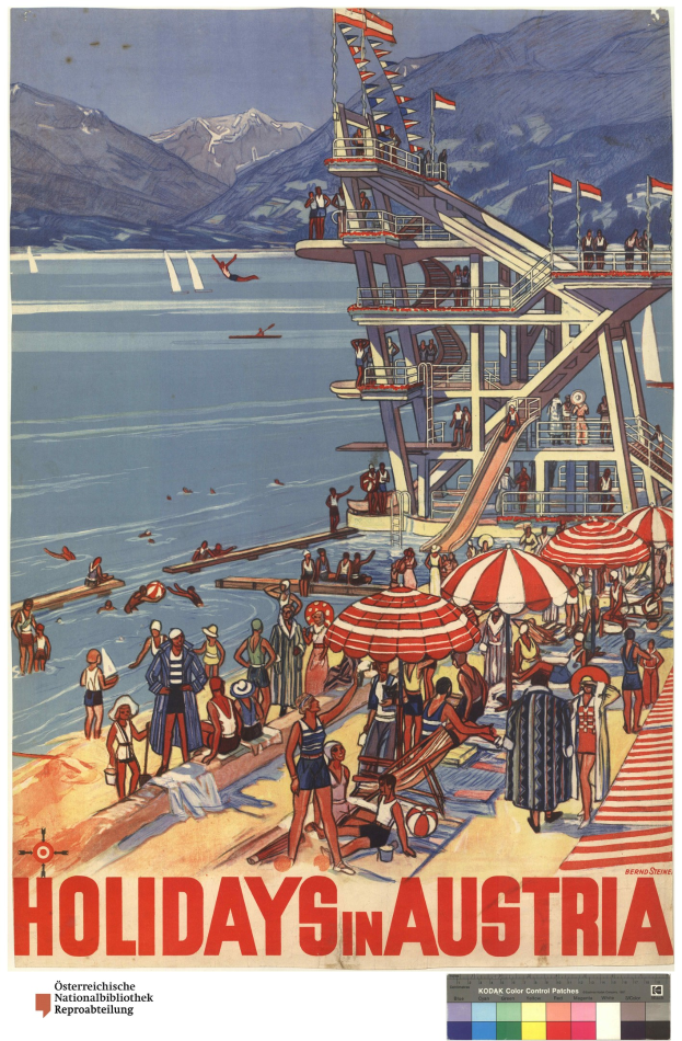 Plakat, das Urlaub in Österreich bewirbt, mit Menschen am Strand mit Schirmen, einem Schiff im Hintergrund, winkenden Flaggen, fernen Bergen und Text.