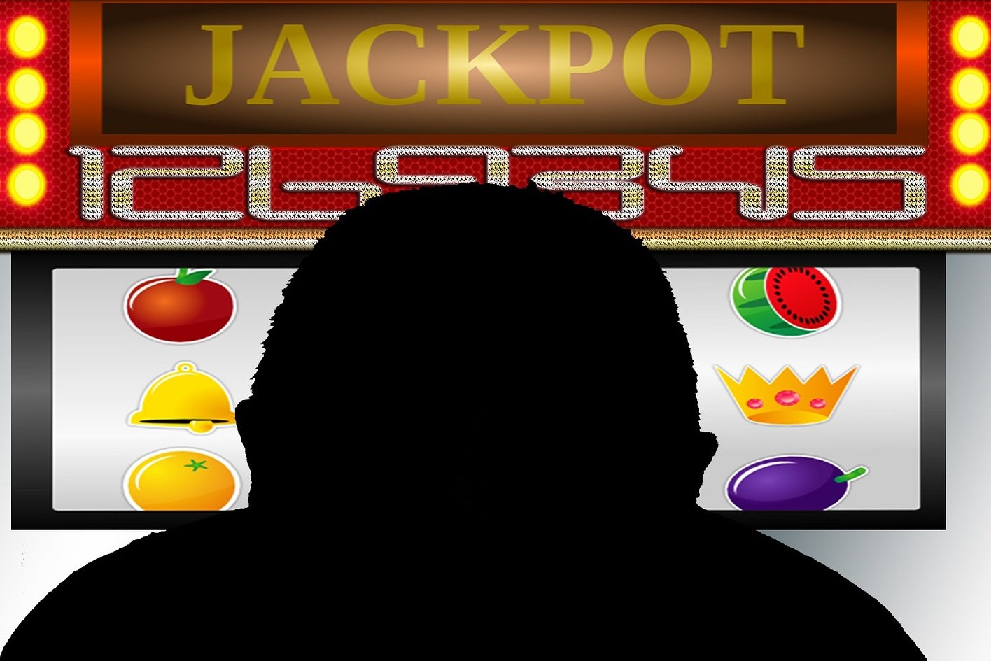 Ein Mann, der ein Online-Spielautomaten-Spiel mit 'Jackpot' spielt, umgeben von fücht-themen Symbolen auf einer digitalen Casino-Oberfläche.